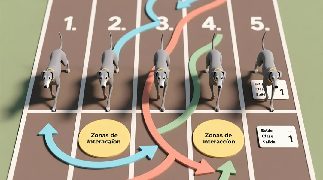 Diagrama estratégico del análisis del campo completo de galgos con líneas de carrera e interacciones en primera curva