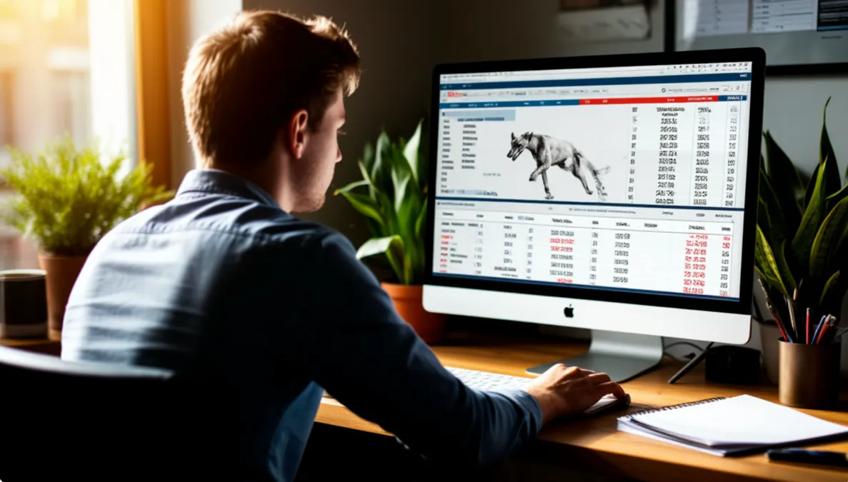 Persona analizando datos de carreras de galgos en un ordenador