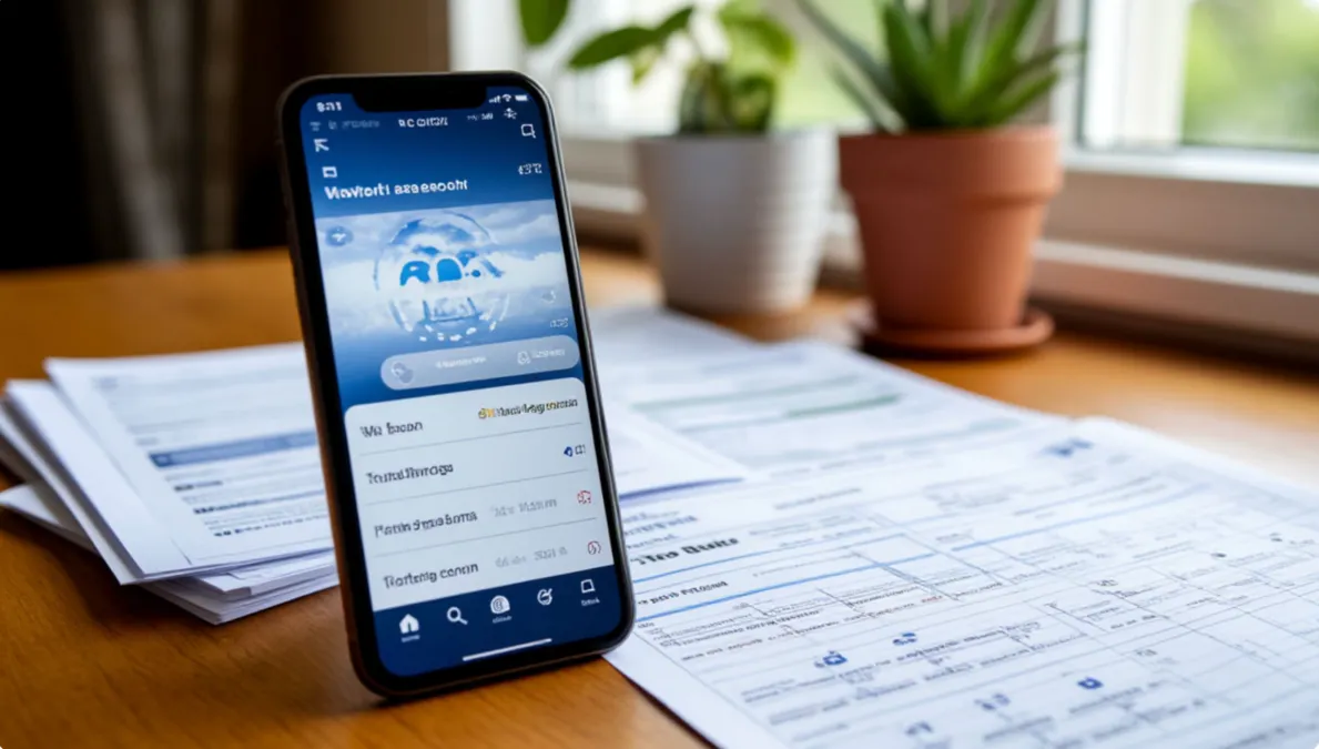 Aplicación meteorológica en smartphone junto a documentos de carreras