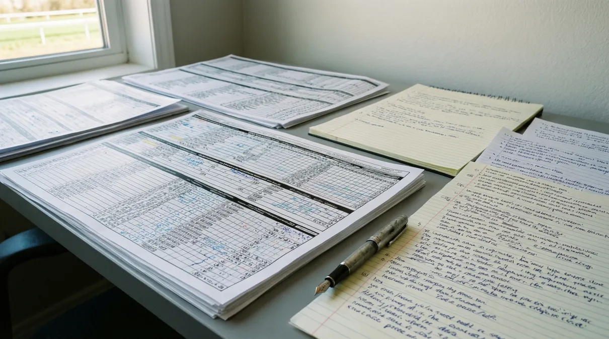 Escritorio con documentos de análisis de carreras y notas manuscritas