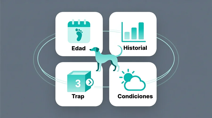 Infografía de factores clave en el análisis pre-carrera de galgos: edad, historial, trap y condiciones