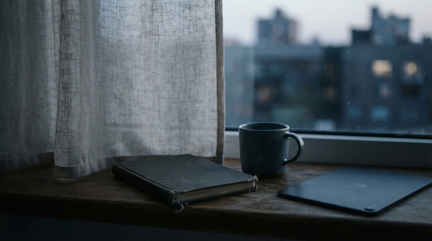 Ventana en penumbra con una taza y un cuaderno cerrado que sugiere pausa y reflexión