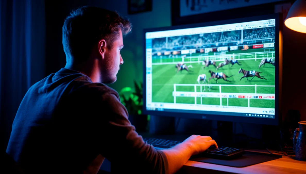 Persona apostando en carreras virtuales desde su ordenador de noche