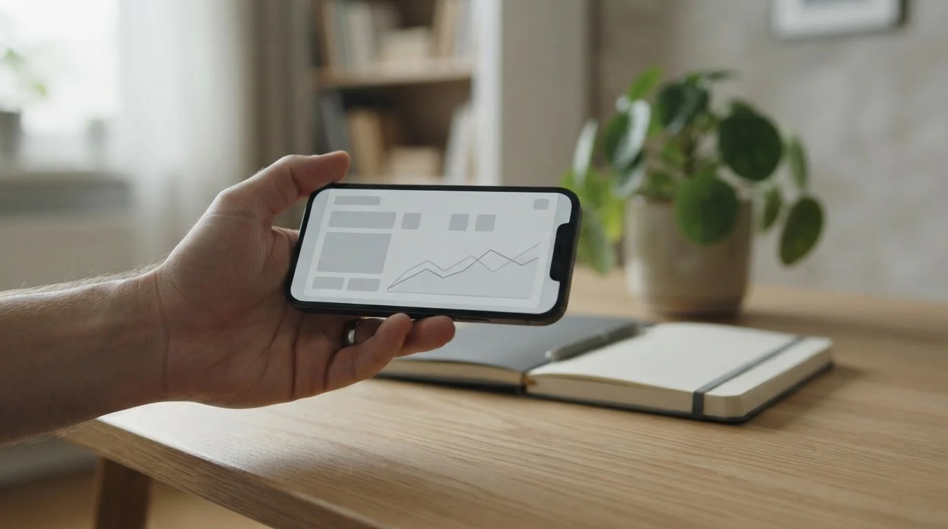 Mano sosteniendo un smartphone con una interfaz neutra de seguimiento