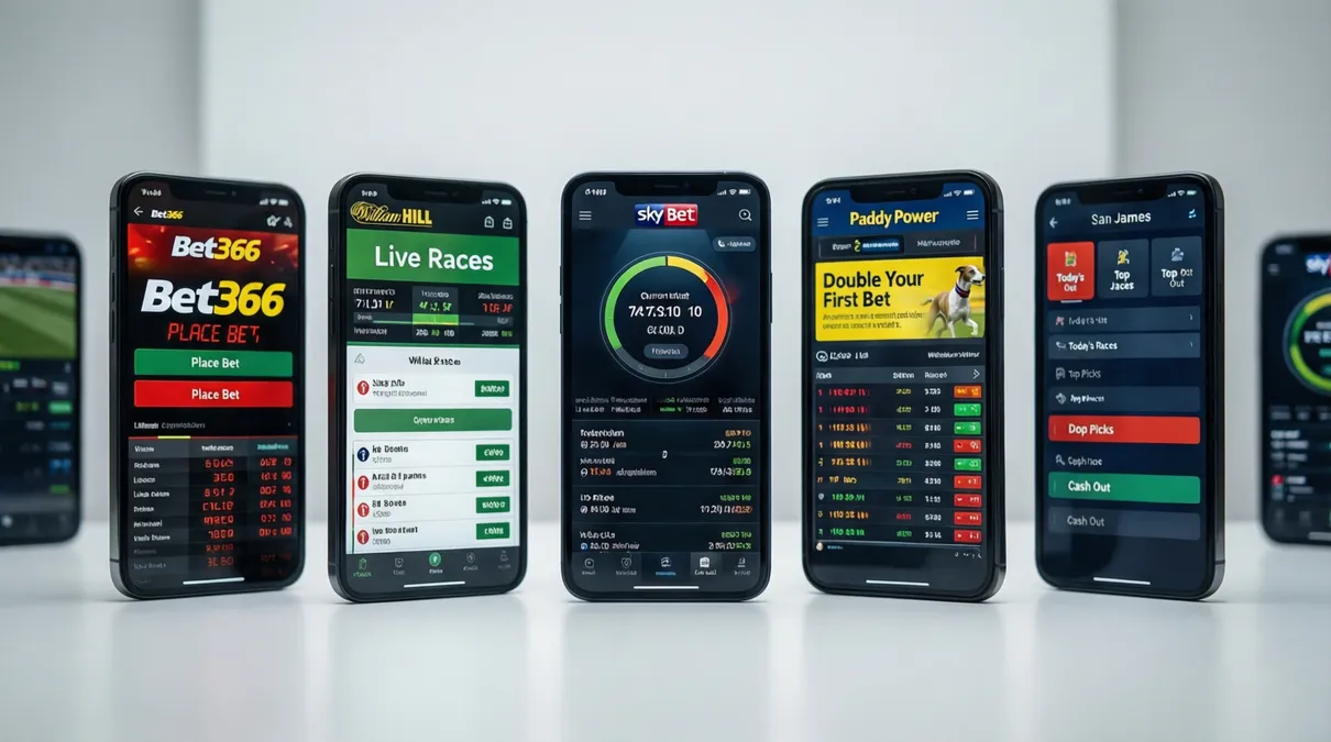 Múltiples smartphones mostrando diferentes aplicaciones de apuestas de galgos