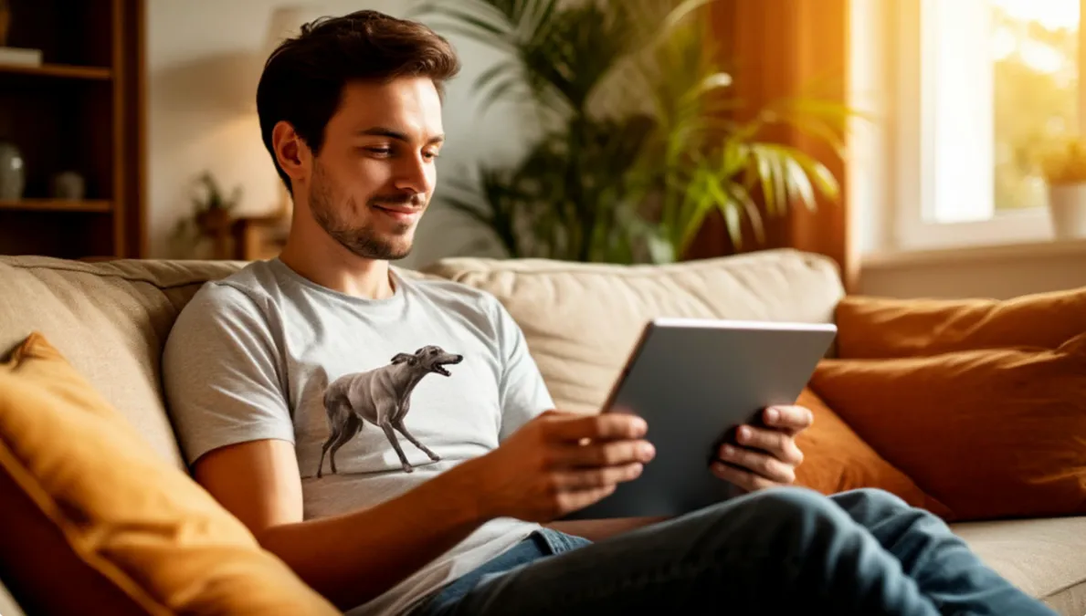 Persona relajada viendo carreras de galgos en una tablet mientras disfruta de tiempo libre