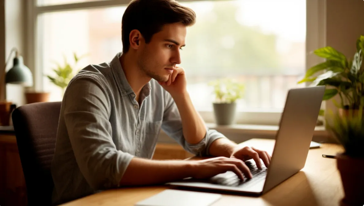 Persona reflexionando frente a un ordenador en un ambiente tranquilo