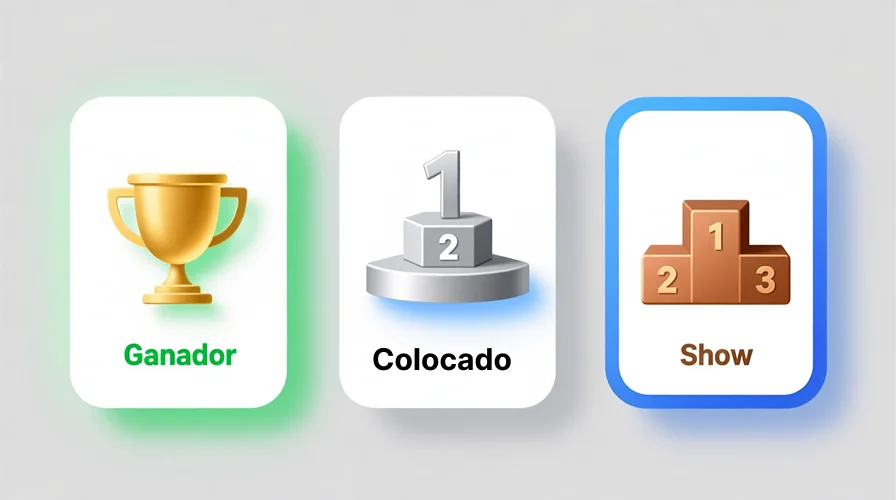 Infografía de apuestas simples en galgos: ganador, colocado y show con iconos explicativos