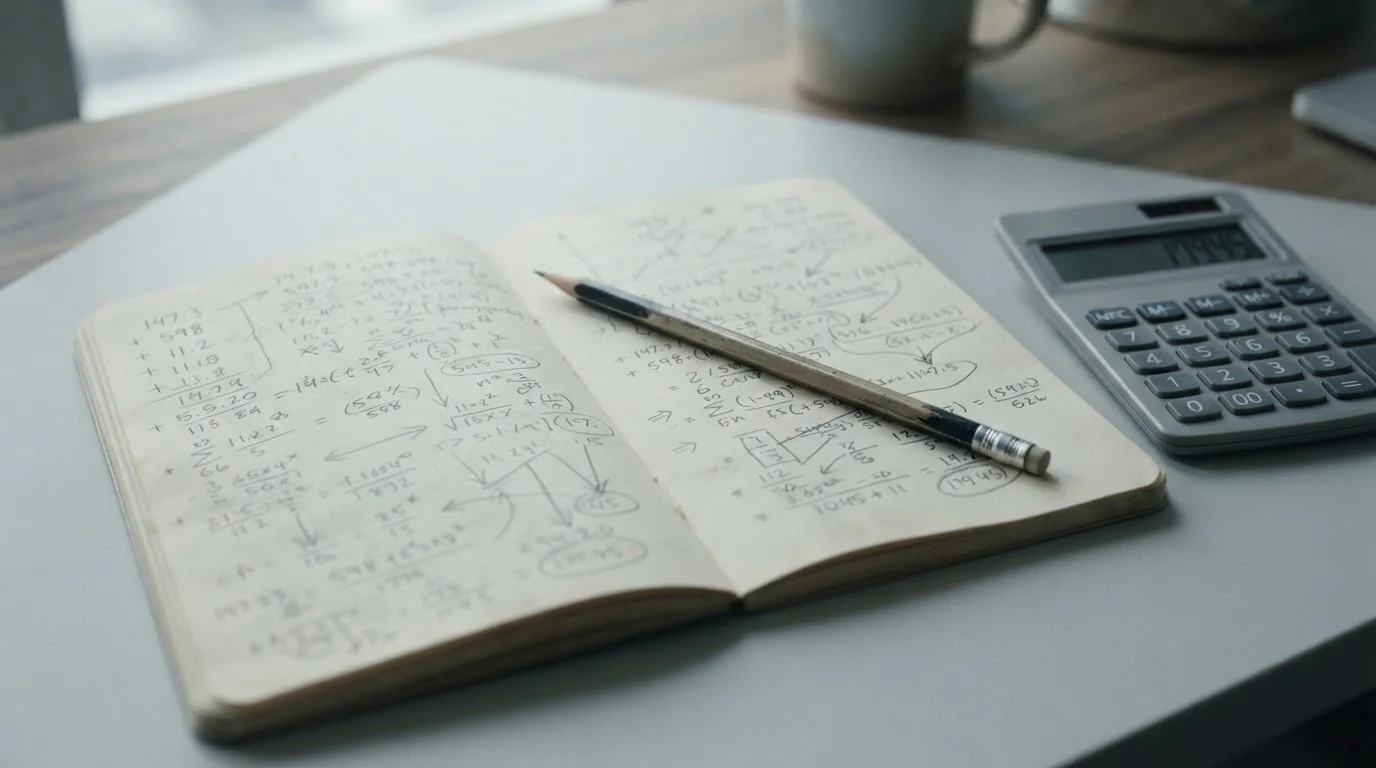 Cuaderno con cálculos manuscritos anónimos junto a una calculadora