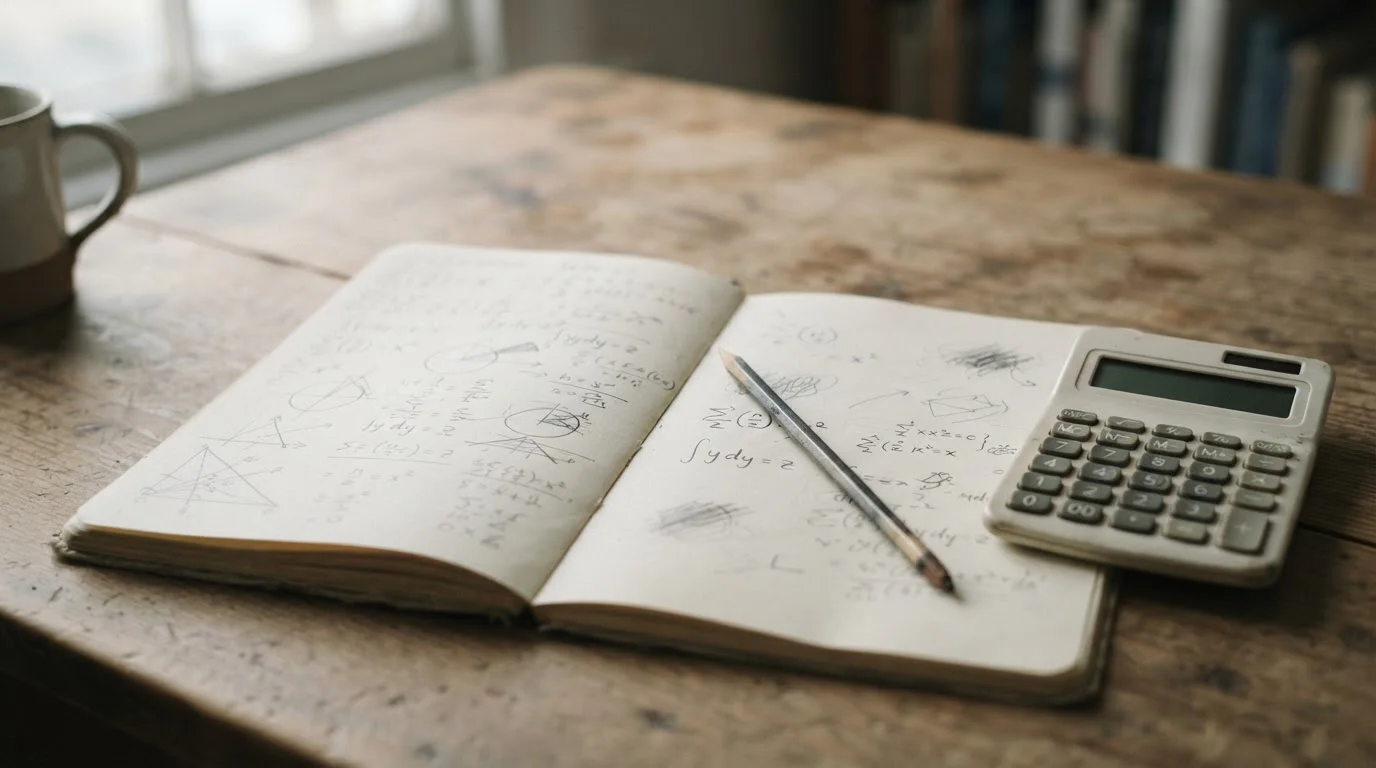 Cuaderno con cálculos manuscritos abstractos junto a una calculadora sencilla