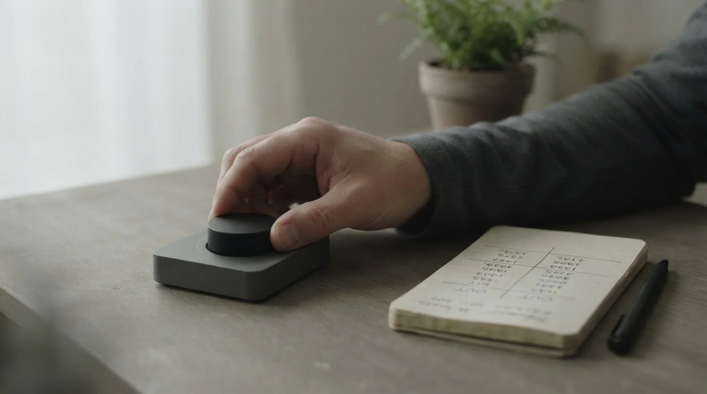Mano ajustando un dial junto a un cuaderno con un balance sencillo