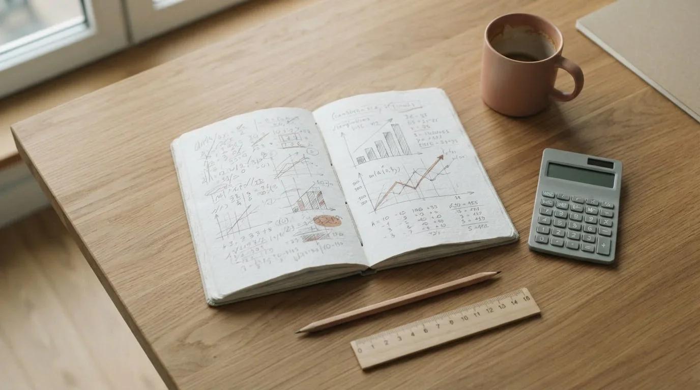 Cuaderno con cálculos y una calculadora sobre una mesa iluminada