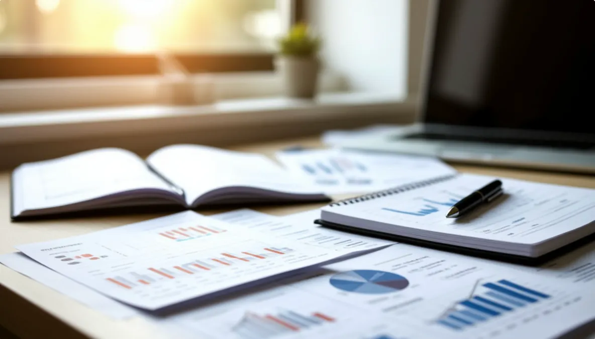 Escritorio de trabajo con documentos financieros y gráficos de rendimiento