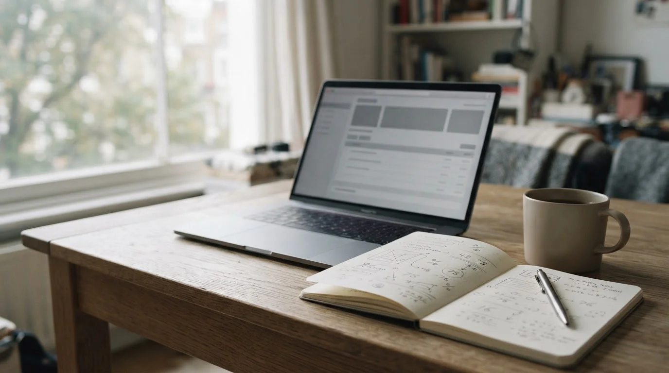 Cuaderno con anotaciones y un portátil mostrando una interfaz neutra