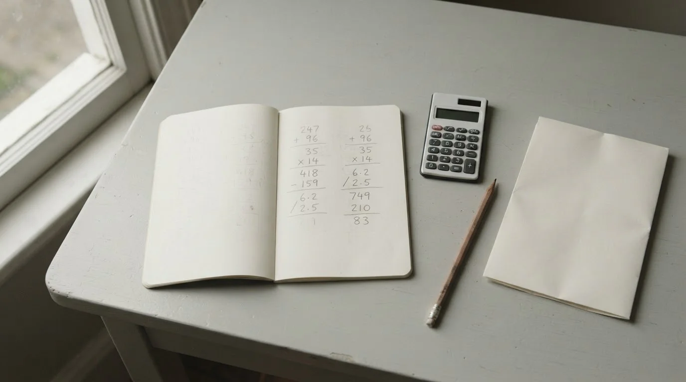 Cuaderno con cálculos a lápiz junto a una calculadora sobre un escritorio sereno