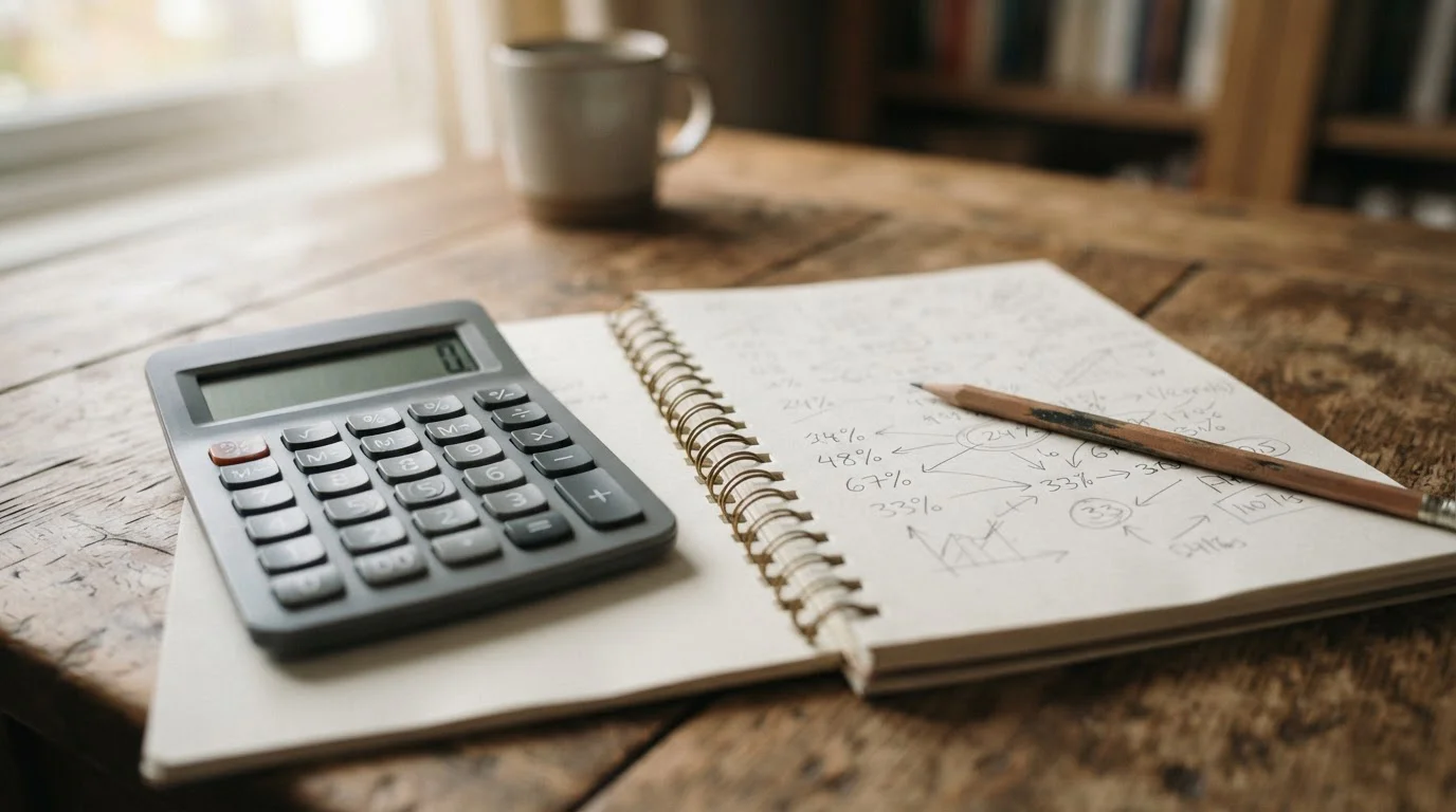 Calculadora y cuaderno con anotaciones sobre una mesa de trabajo