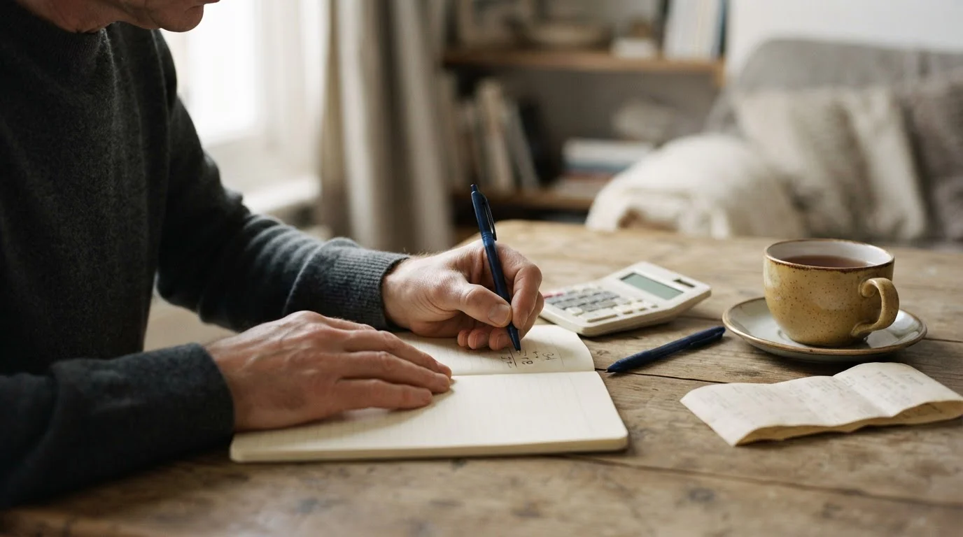 Manos haciendo cálculos a mano en una libreta junto a una calculadora