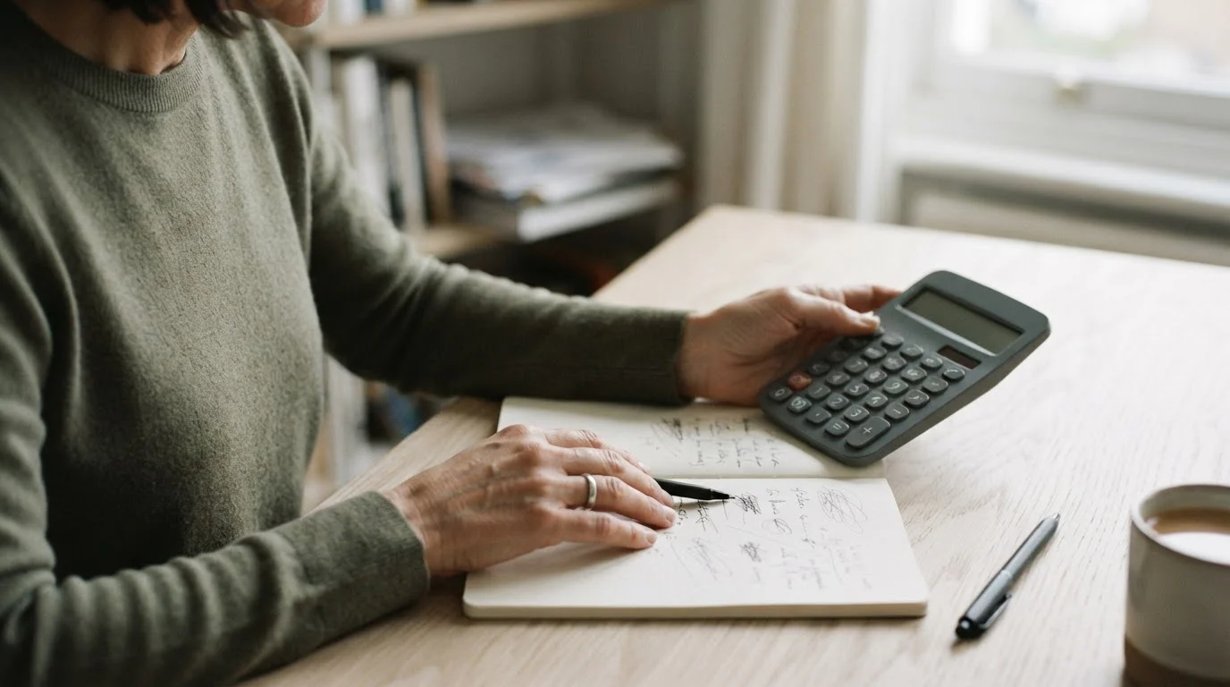 Manos anónimas comparando una libreta con anotaciones y una calculadora sobre mesa clara