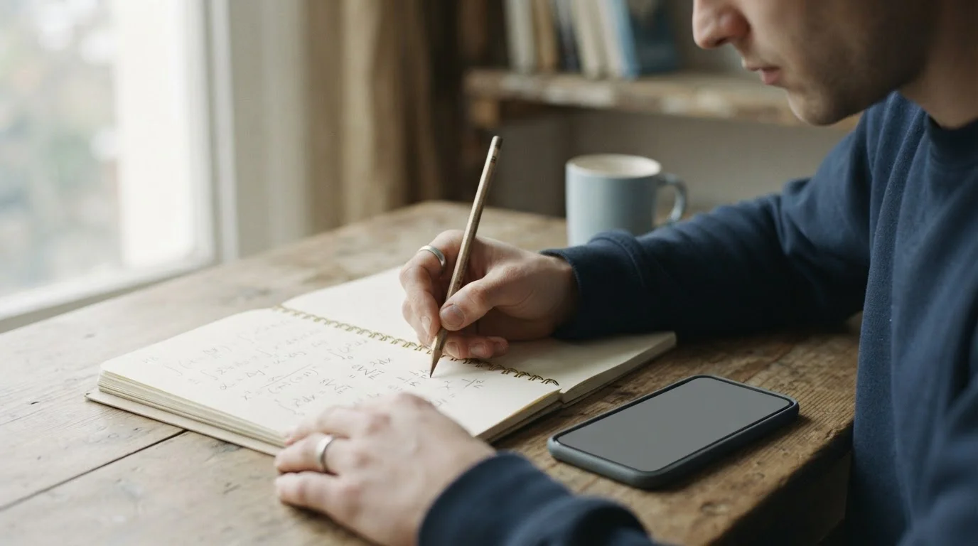 Manos anotando cálculos en una libreta junto a un smartphone