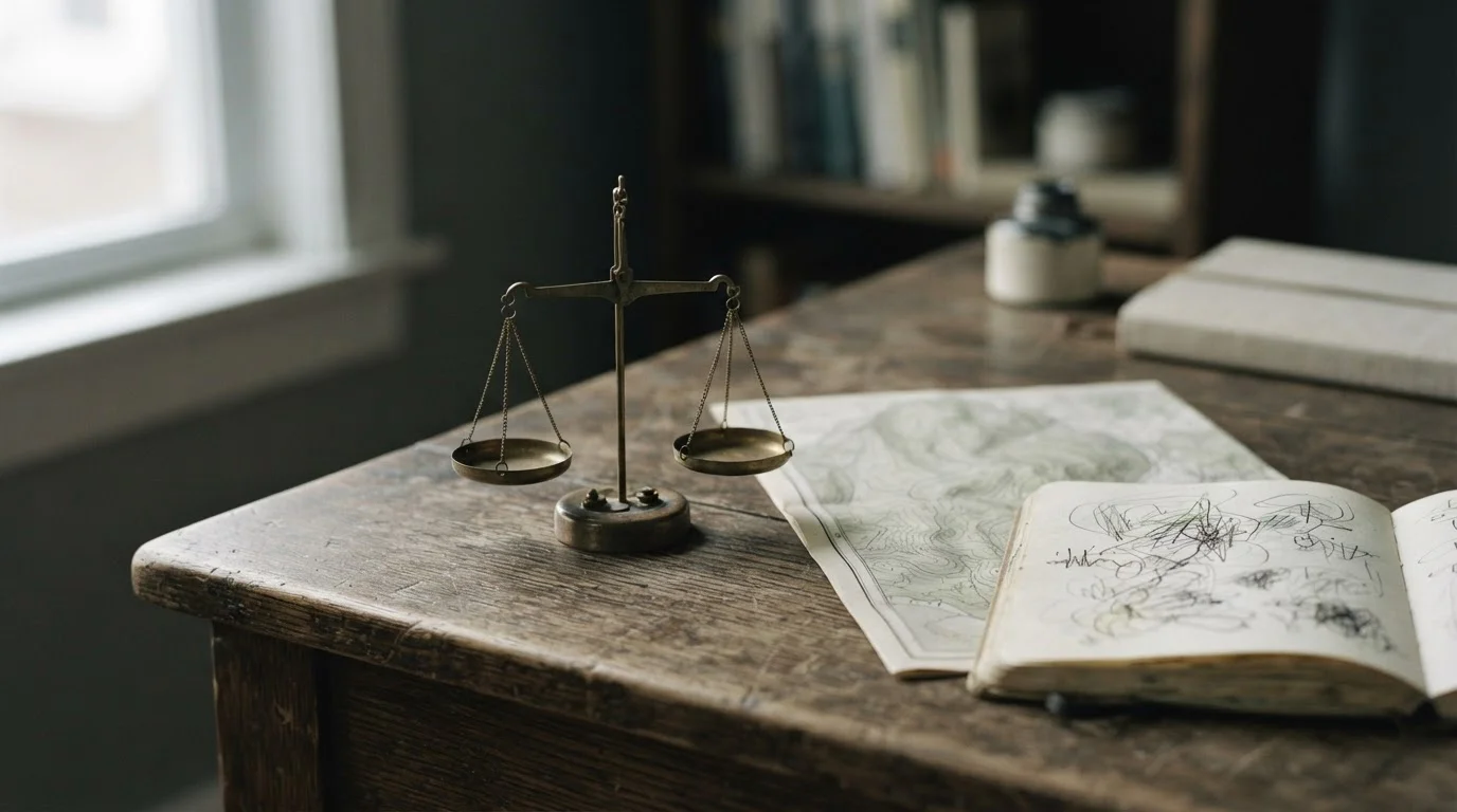 Balanza pequeña sobre un escritorio junto a un mapa doblado y un cuaderno