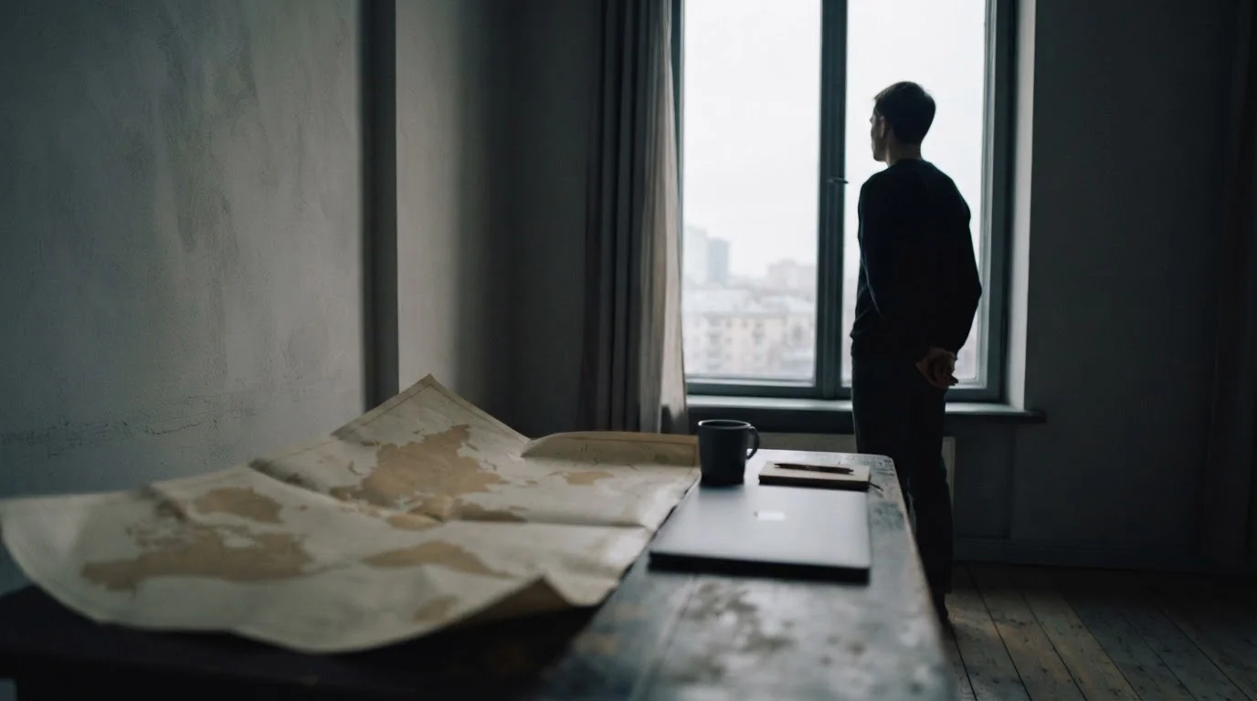 Silueta ante una ventana con mapa desenfocado sobre la mesa