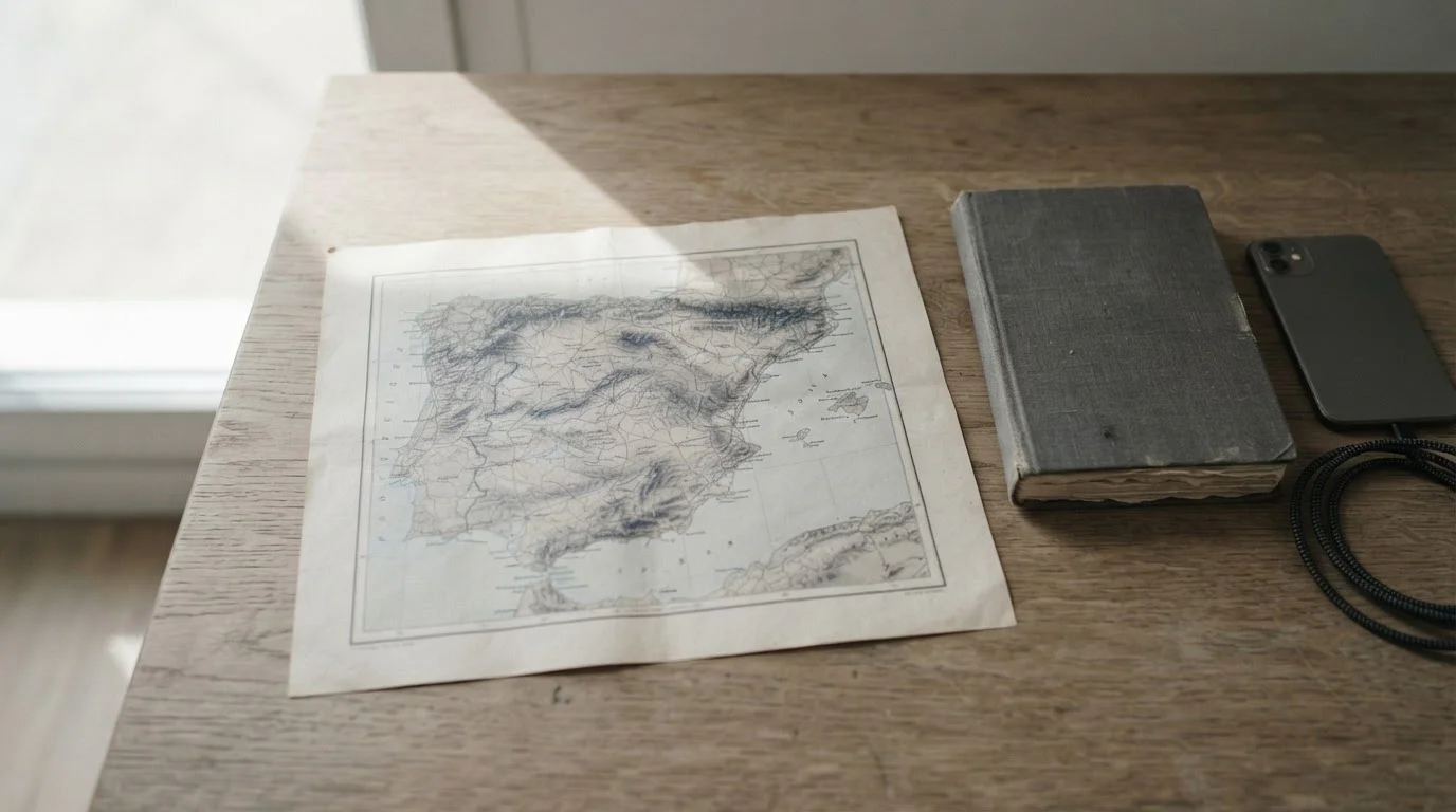 Mapa impreso sobre una mesa con una sombra difusa cruzándolo