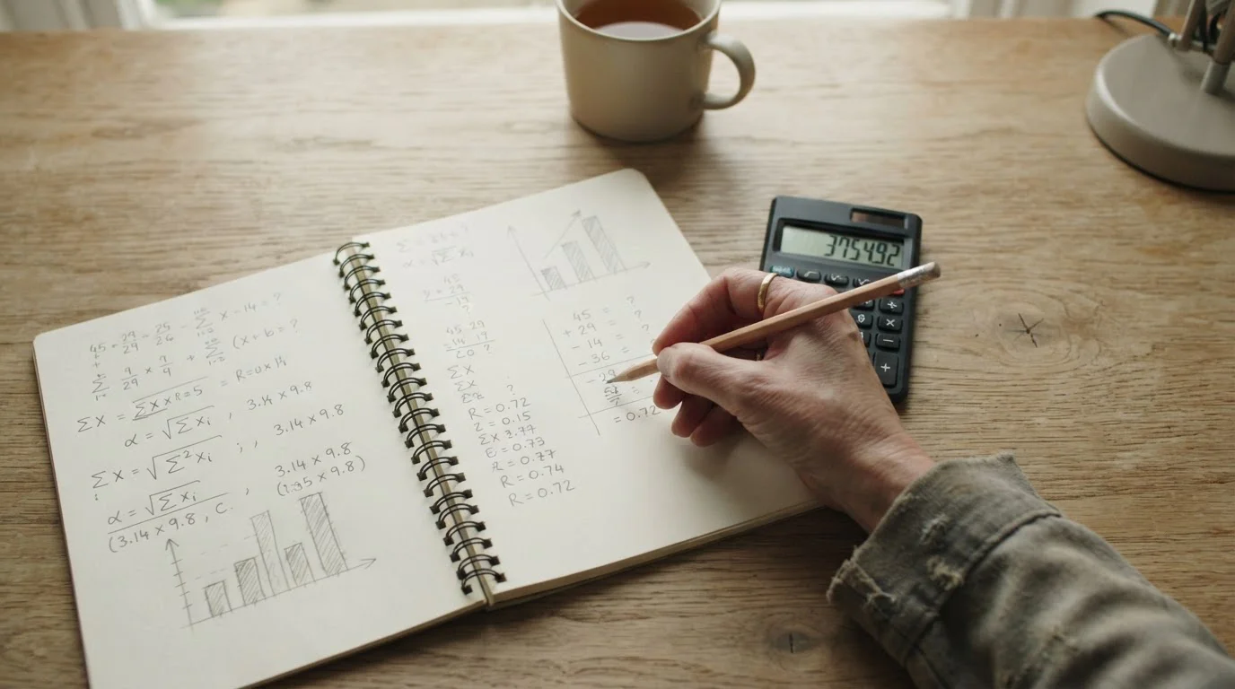 Cuaderno con anotaciones a mano junto a una calculadora sobre una mesa