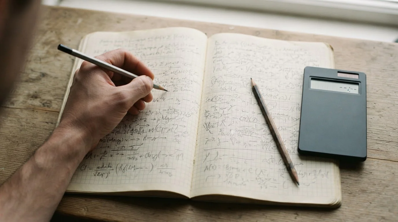 Cuaderno con cálculos manuscritos abstractos y una calculadora sobre la mesa