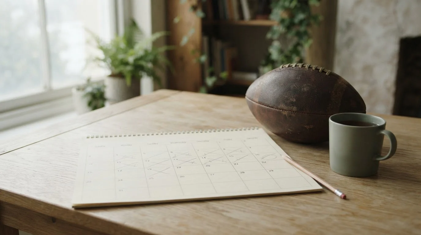 Calendario mensual sobre una mesa con anotaciones a lápiz junto a un balón desgastado