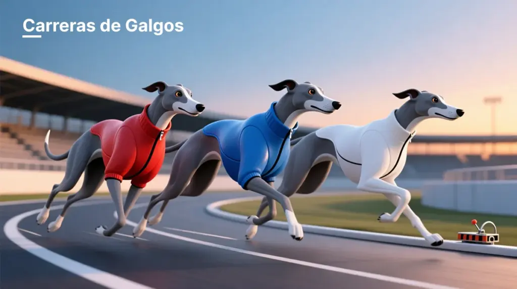 Carreras de galgos en canódromo profesional con seis perros compitiendo en pista ovalada