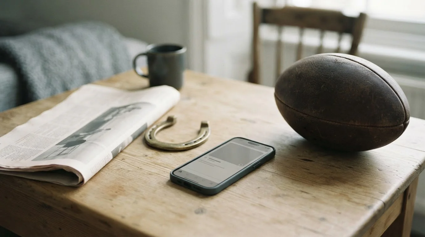 Composición editorial con un smartphone y objetos que sugieren fútbol, hípica y venta en tienda