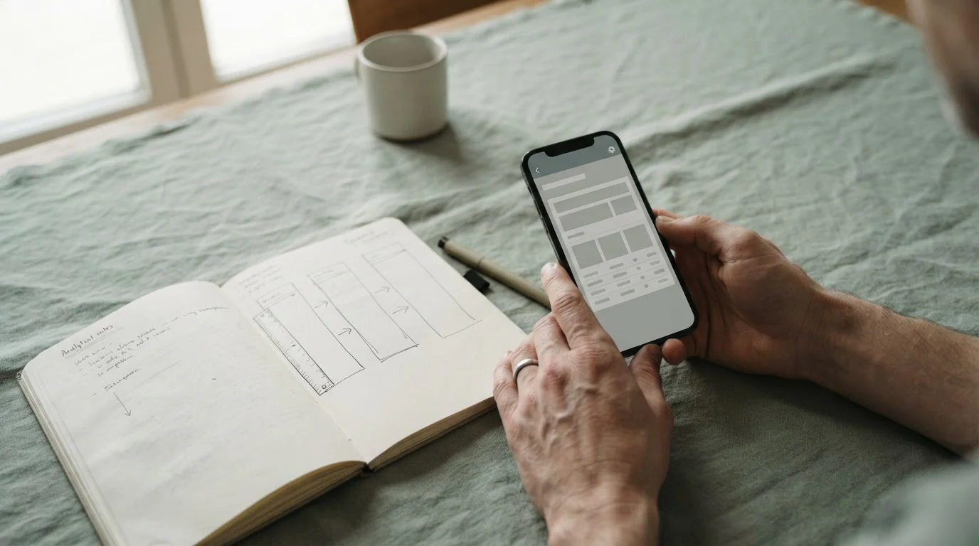 Manos usando un smartphone junto a una libreta con esquemas comparativos de métodos de pago