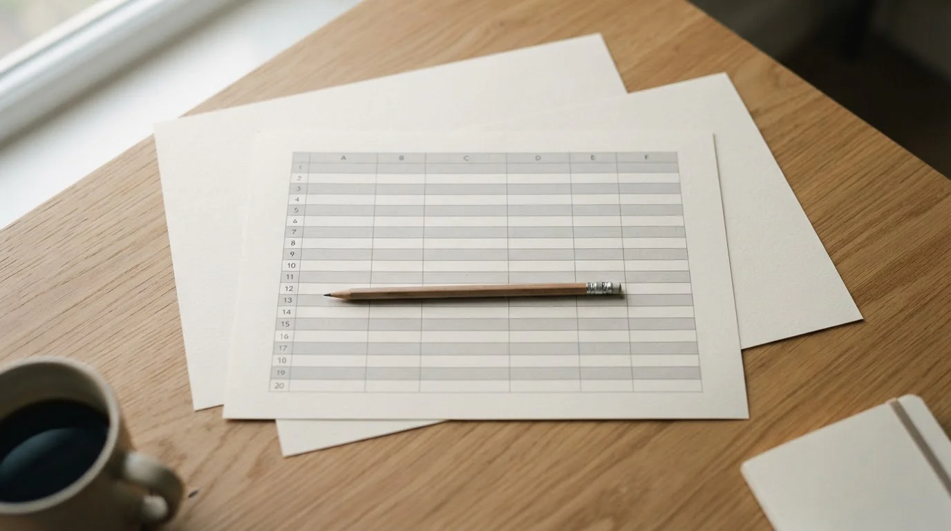 Tabla comparativa abstracta impresa sobre una mesa de trabajo