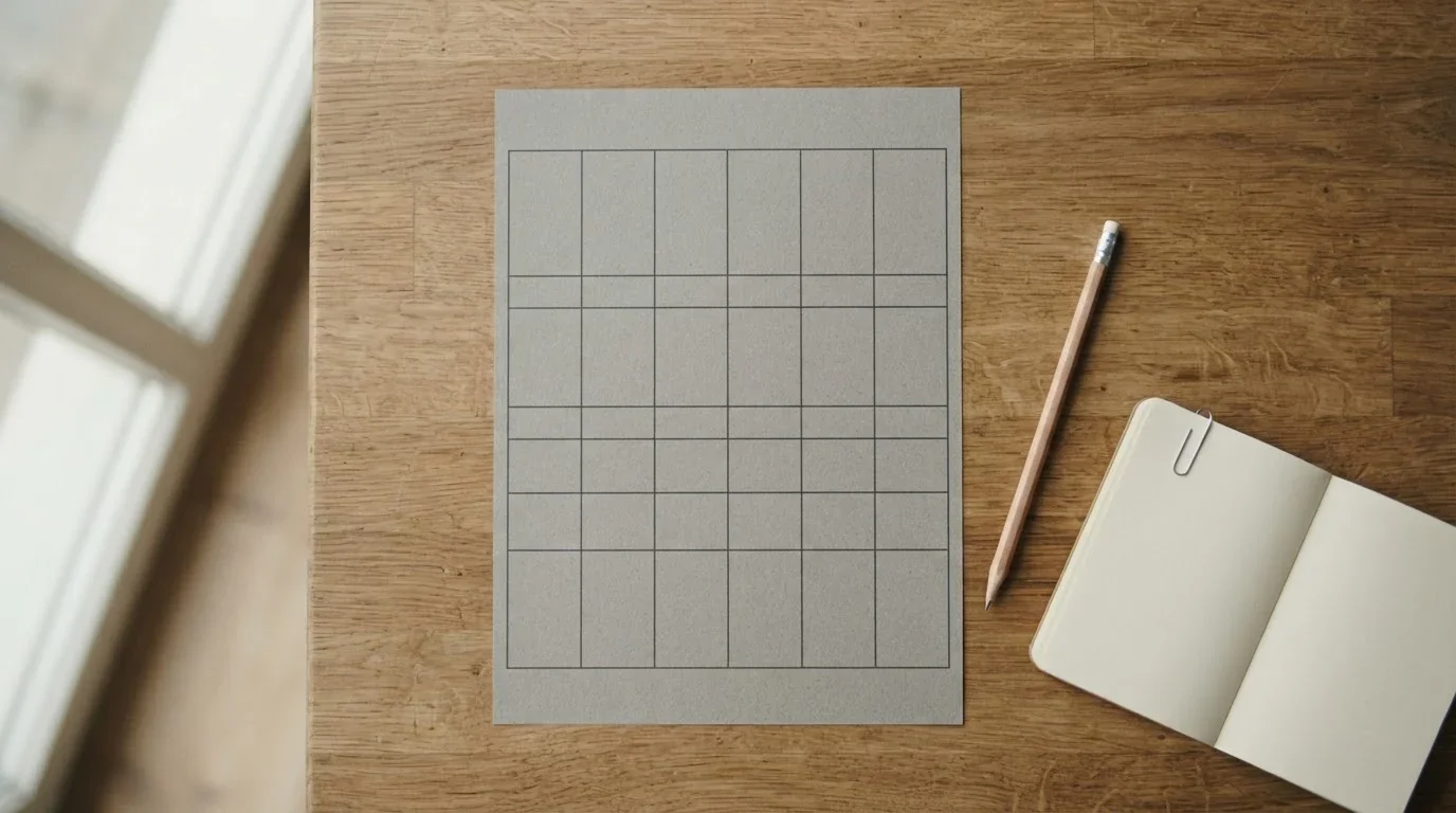 Mesa de trabajo con tabla comparativa en papel y lápiz apoyado