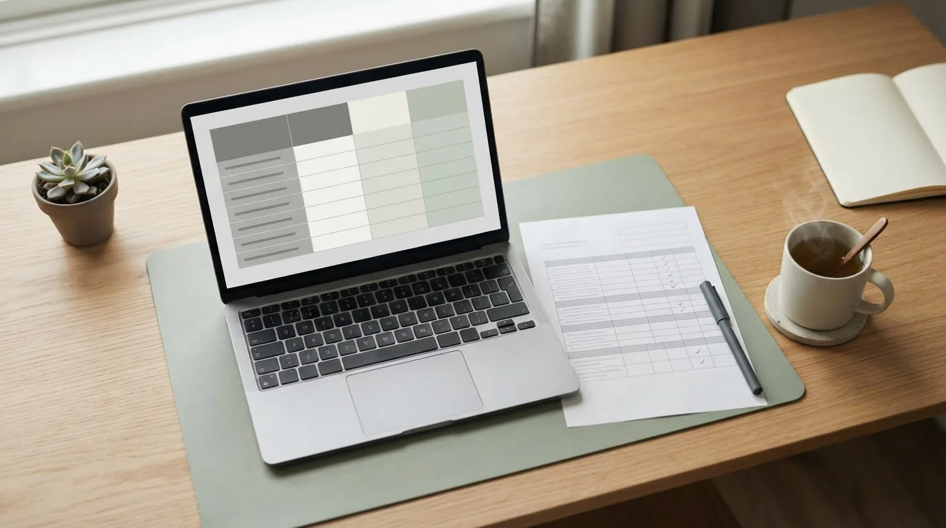 Escritorio con documentos y un portátil mostrando una tabla comparativa neutra