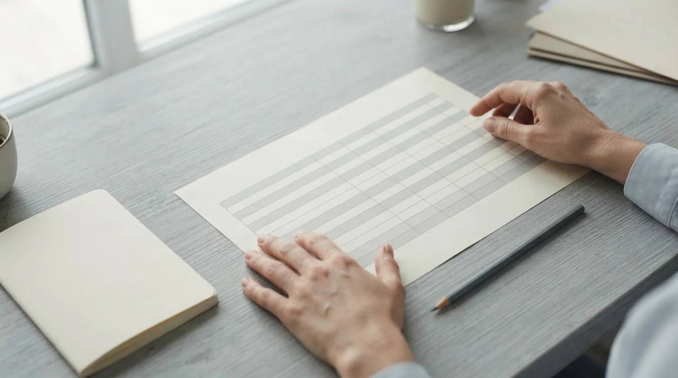 Manos comparando filas de una tabla neutra impresa sobre un escritorio