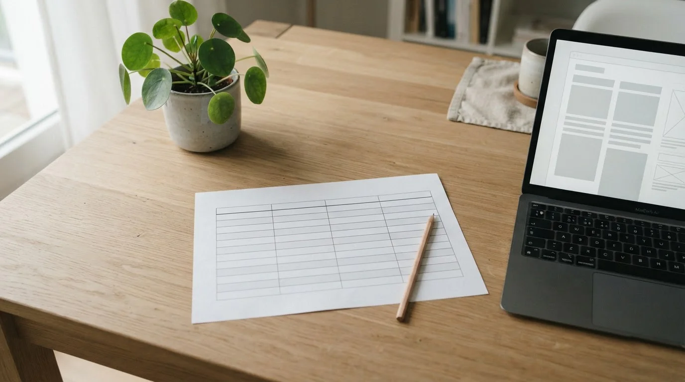 Mesa de trabajo con una tabla comparativa de operadores en papel y portátil