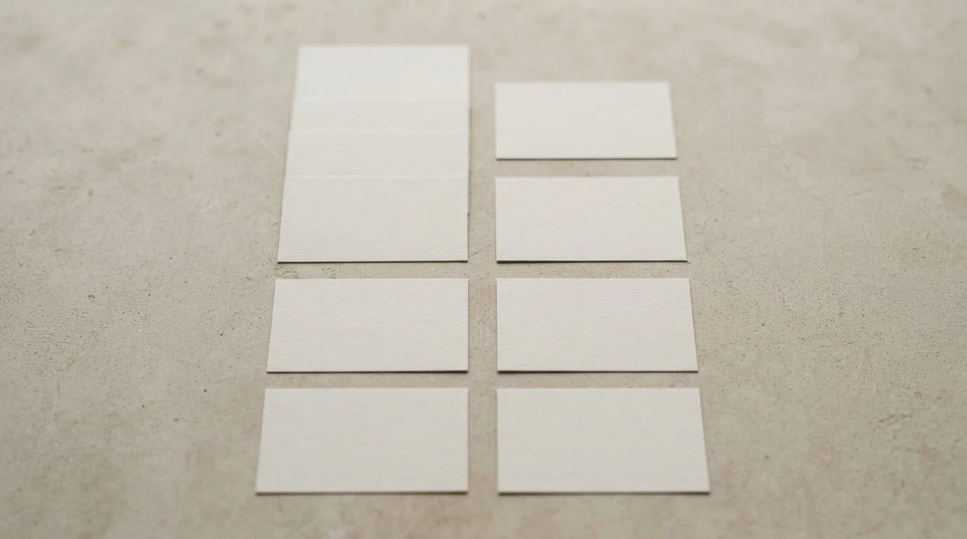 Tablero con fichas de papel neutras ordenadas en columnas sobre superficie clara