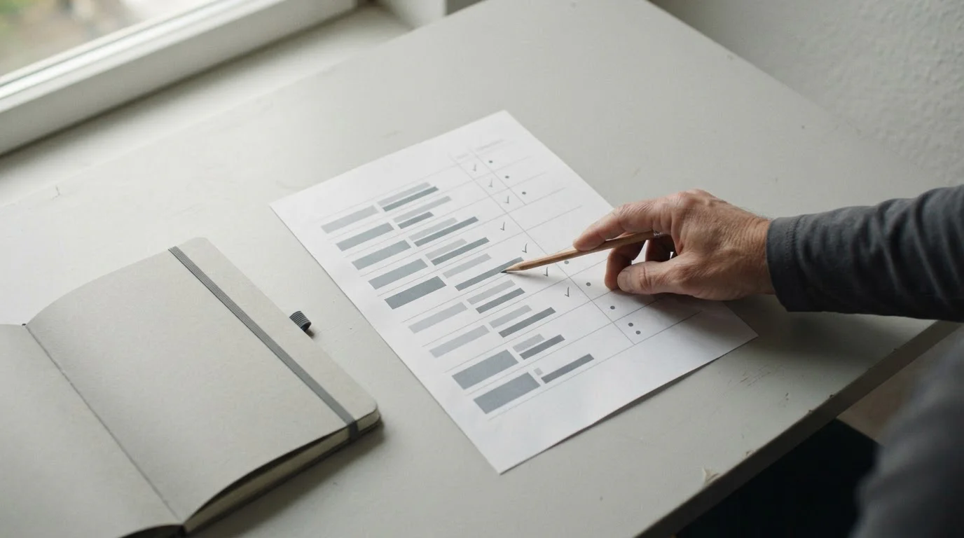 Tabla comparativa impresa con filas anónimas sobre una mesa de trabajo