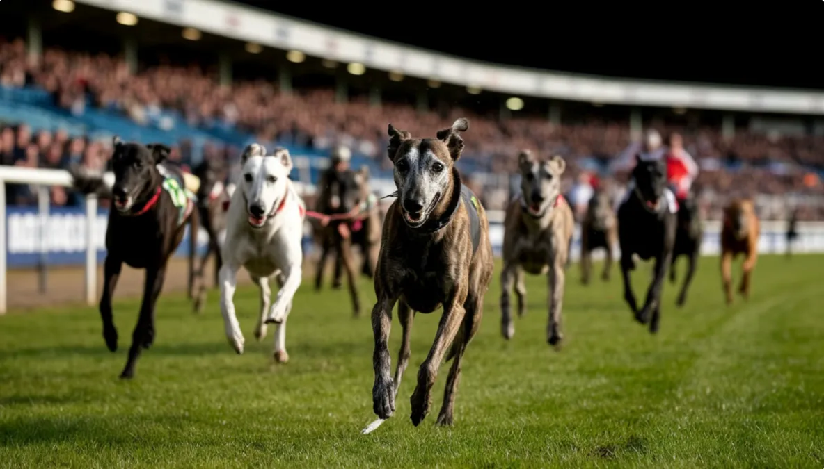 Carrera de galgos en un canódromo regional durante una competición local