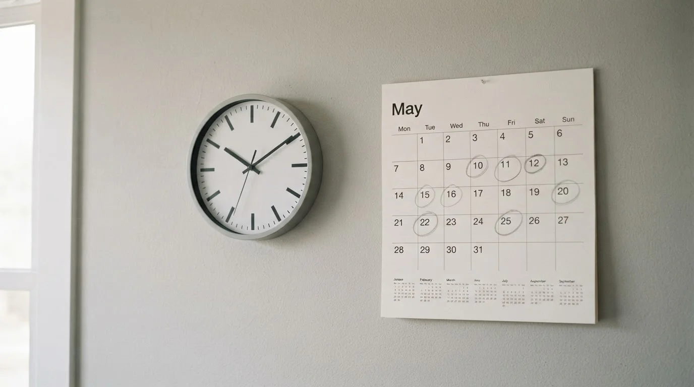 Reloj de pared junto a un calendario que marca los días de espera
