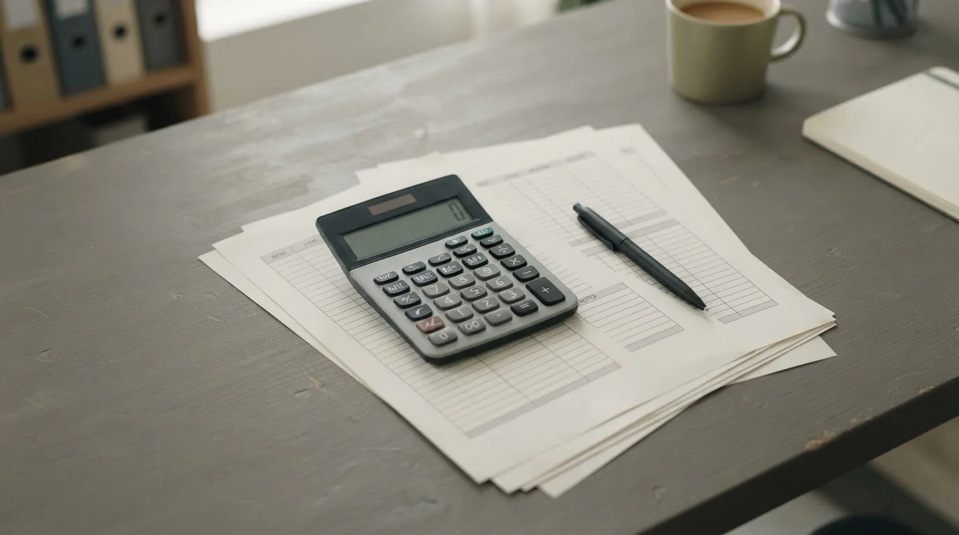 Calculadora, bolígrafo y hojas con filas en blanco sobre mesa de despacho