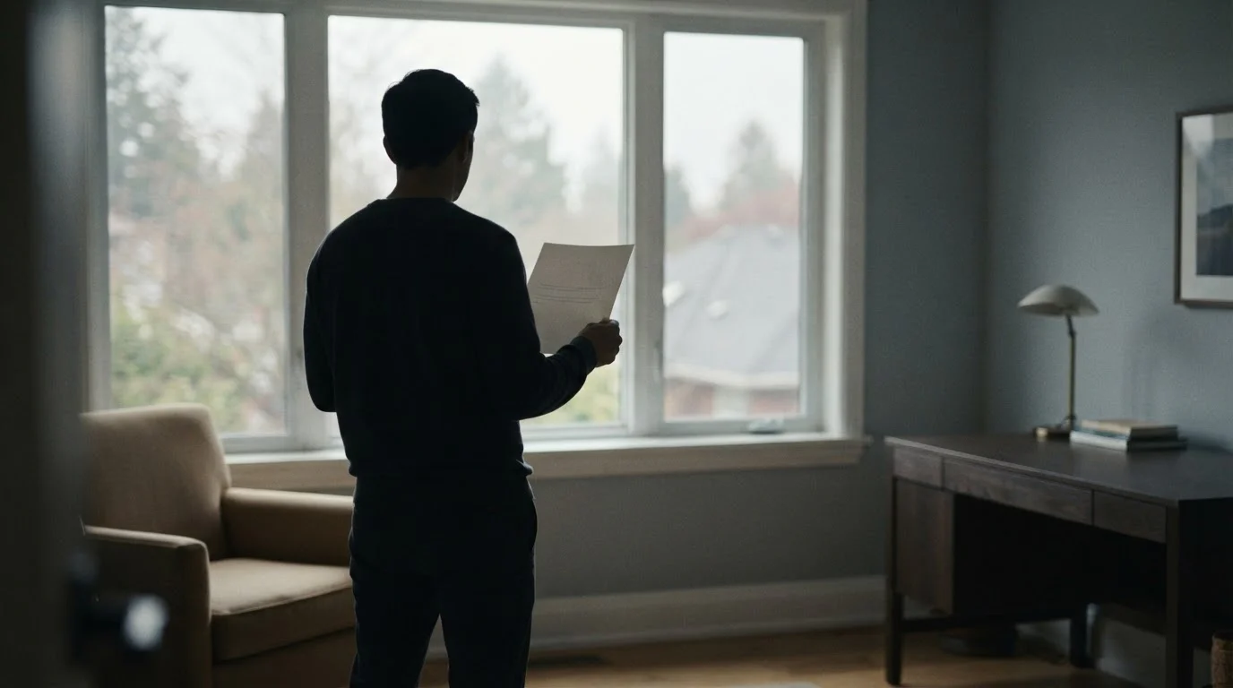 Persona de espaldas leyendo condiciones junto a una ventana con luz suave