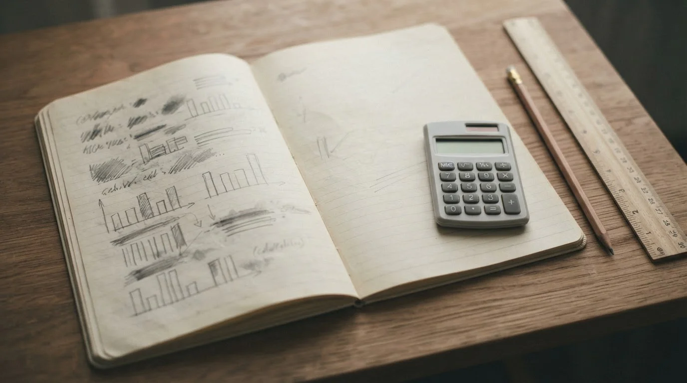 Cuaderno con cálculos manuscritos ilegibles y una calculadora sobre un escritorio