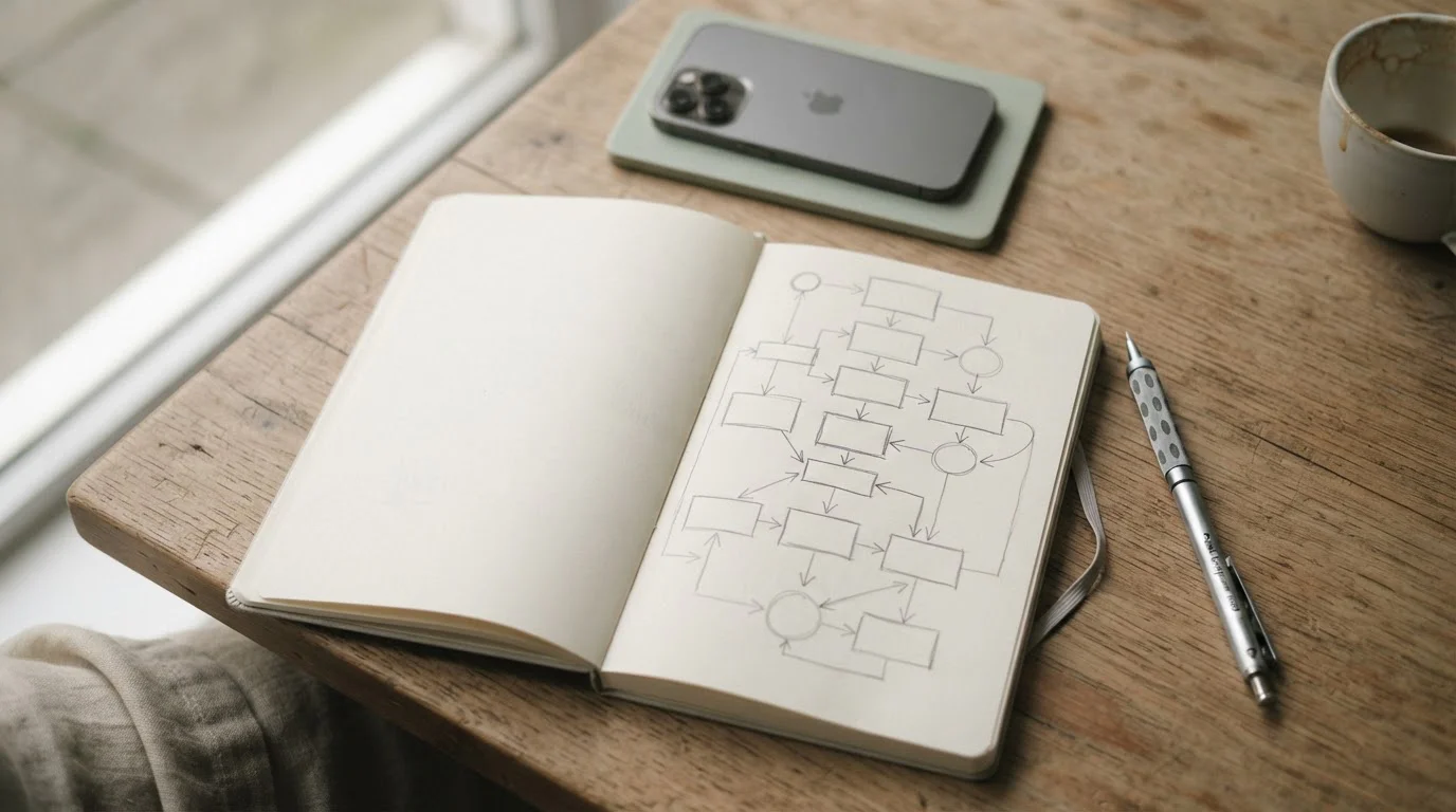 Diagrama sobrio en una libreta que ilustra el flujo del cupón hacia la cuenta