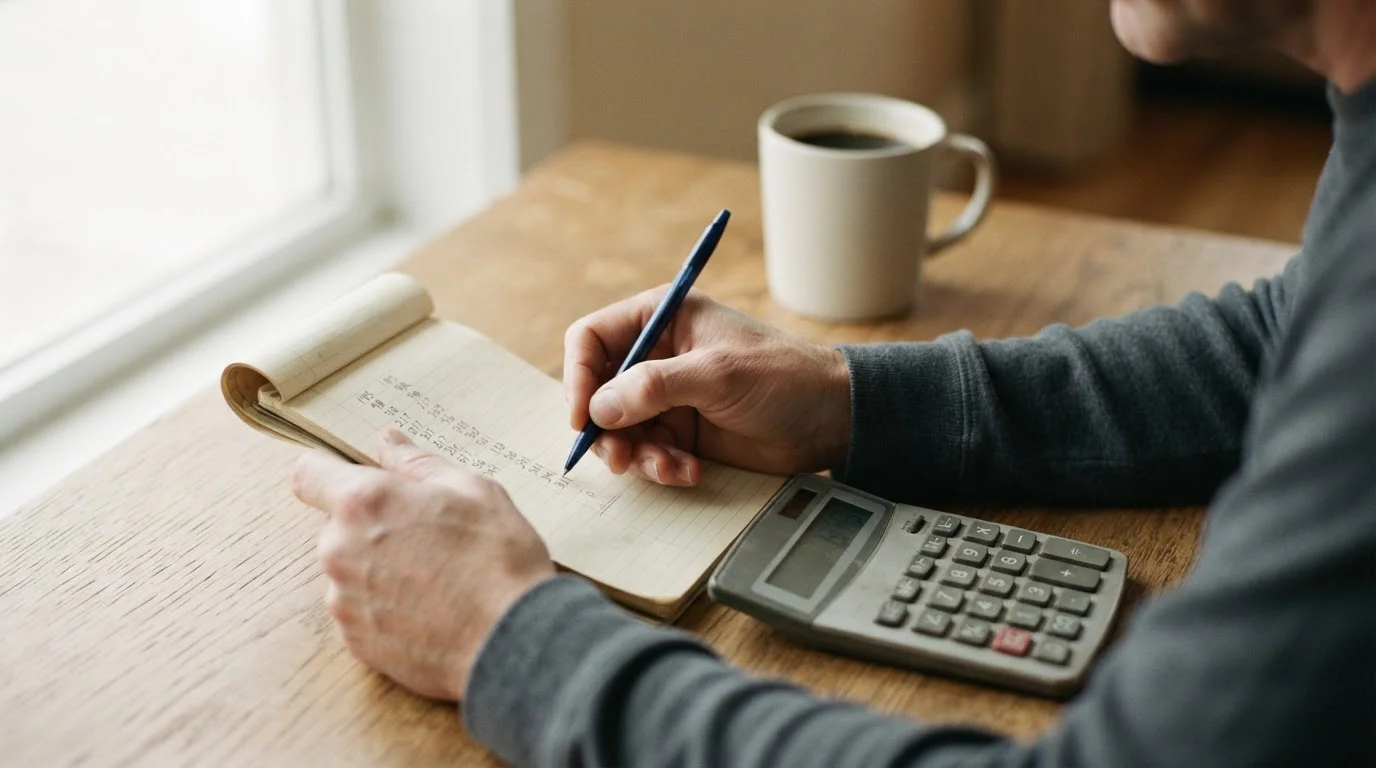 Manos anotando cifras en una libreta junto a una calculadora sobre una mesa clara