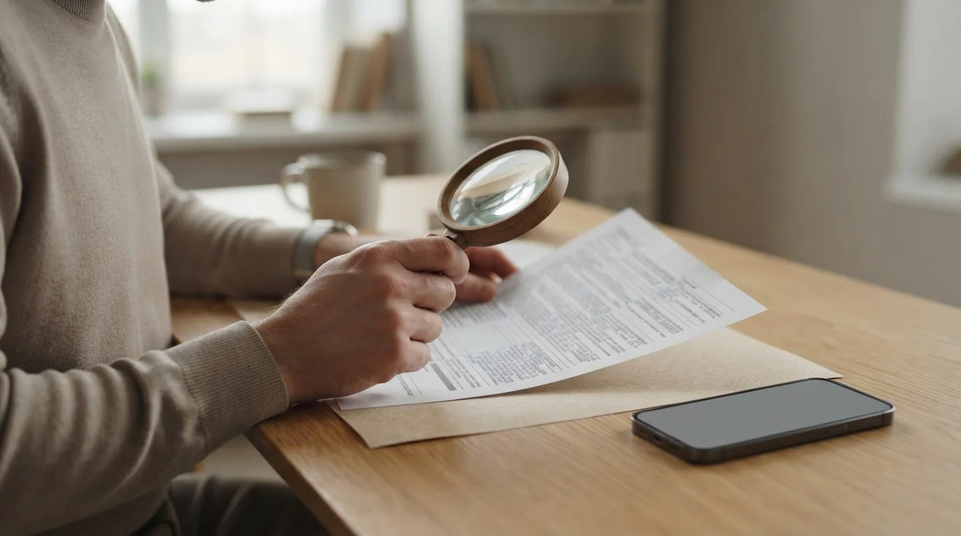 Persona de perfil leyendo con lupa un documento impreso