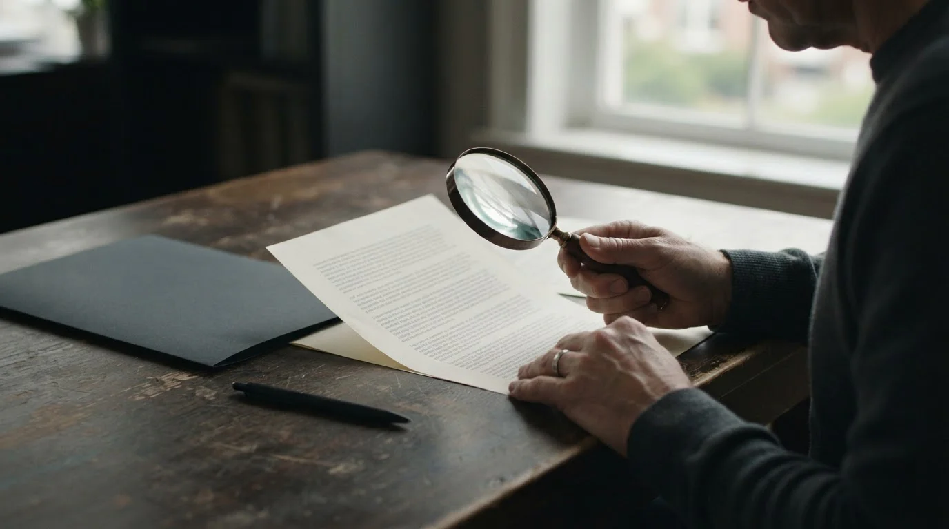 Persona leyendo con lupa un documento con términos legales genéricos