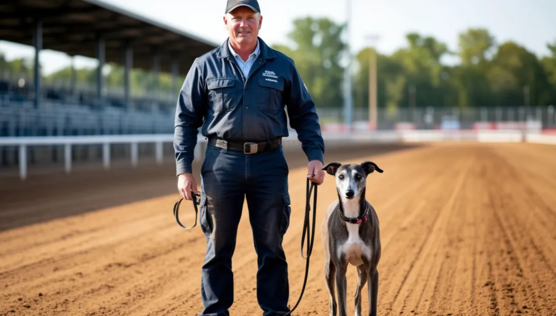 Entrenador profesional con un galgo de carreras en las instalaciones del canódromo