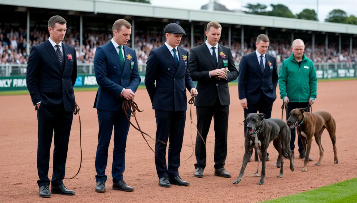 Zona de paddock con entrenadores preparando galgos antes de una carrera importante